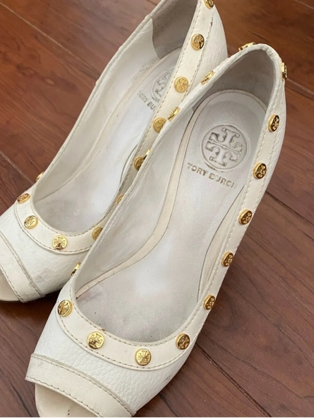 Tory Burch White Leather Peep-Toe Wedges with Gold Studs